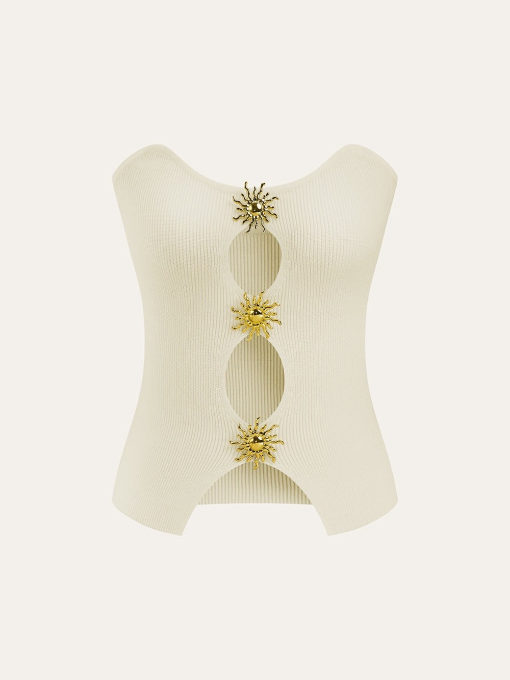 Commense | Black Strapless Knit Top with Gold Sunburst Accents